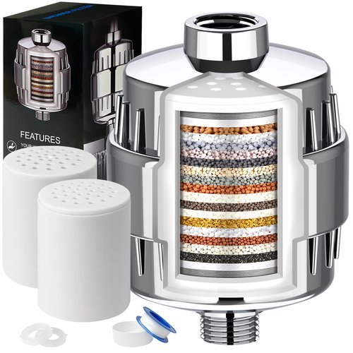 Shower Filter, 20 Stage Shower Head Filter for Hard Water with 2 Cartridges, High Output Shower Water Filter to Remove Chlorine, Fluoride and Other Impurities, Improves Skin Condition, Protects Hair