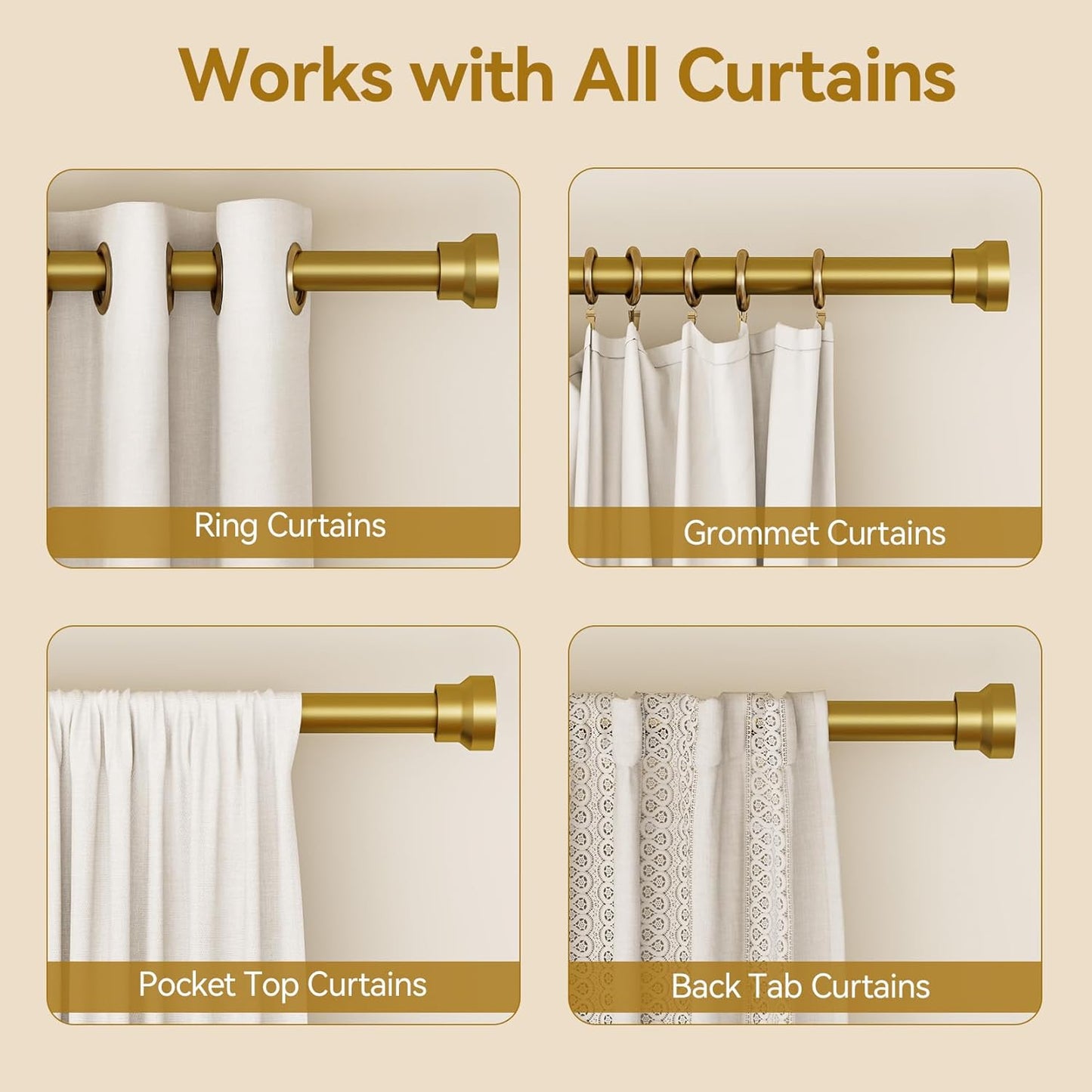 YaFex Curtain Rods - Heavy Duty 1 Inch Adjustable Window Treatment Rods | 32-84 Inch, Modern Gold Design