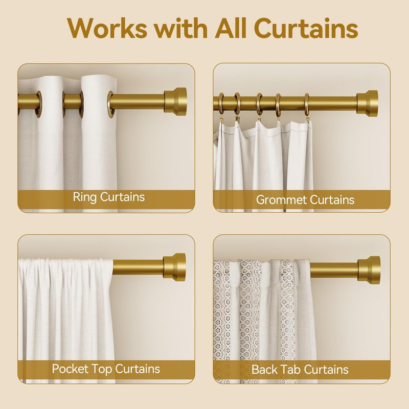 YaFex Curtain Rods 2 Pack 32-144 Inch, Heavy Duty 1 Inch Curtain Rod, Gold Extra Long Adjustable Window Treatment Rods, Modern Design, Easy Installation
