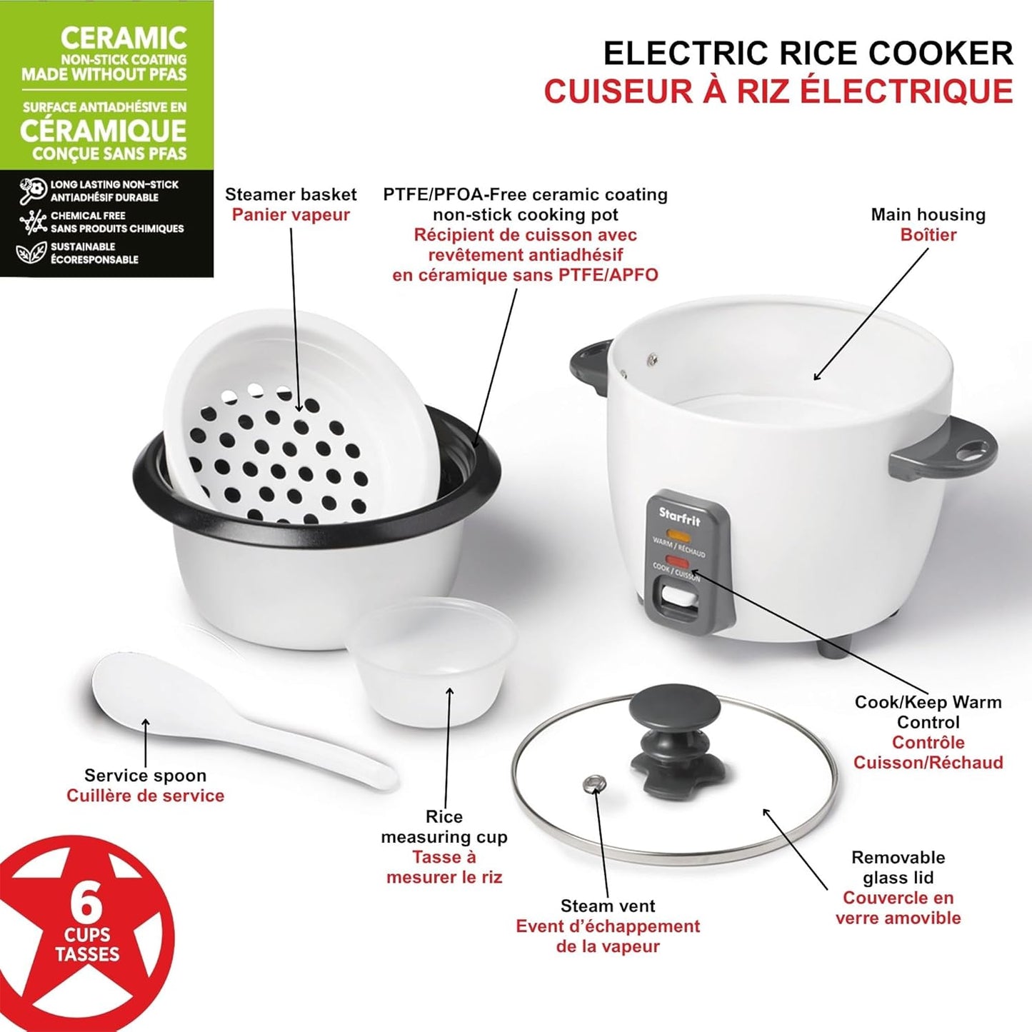 Starfrit Electric Rice Cooker - 6-Cup Capacity | Includes Steamer Basket & Measuring Cup - 300W Power