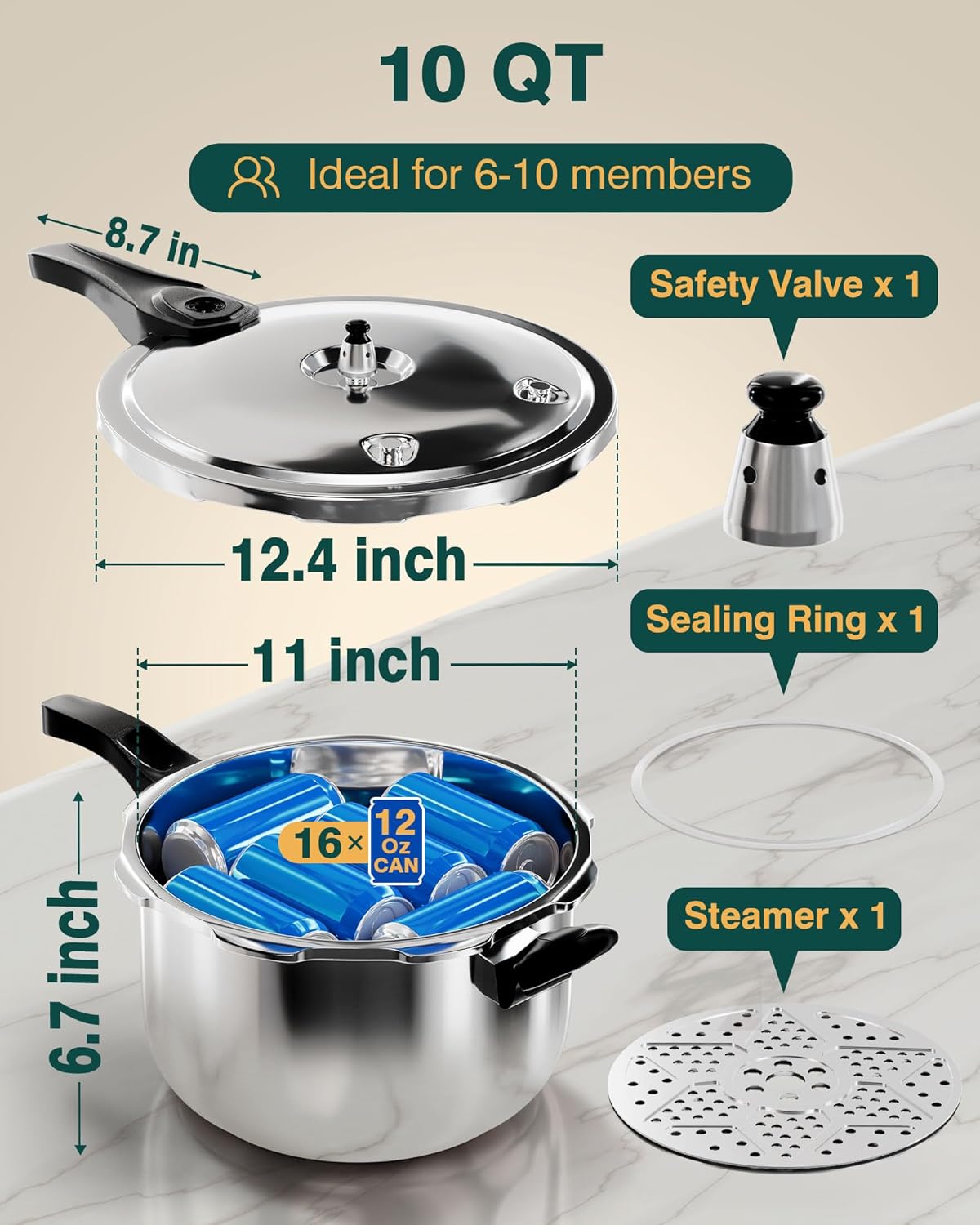 WantJoin Stainless Steel Pressure Cooker - 10 Quart Induction Compatible with Spring Valve Safety Features