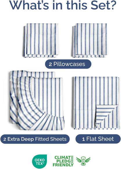 Skiennix Extra Deep Split King Sheet Set - 7 Piece Breathable Cooling Bedding - Soft Wrinkle-Free Blue Stripes