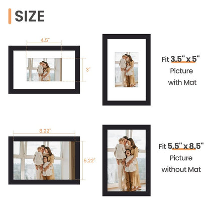 upsimples 5.5x8.5 Picture Frame, Display Pictures 3.5x5 with Mat or 5.5x8.5 Without, Wall Hanging Photo Frame, Black, 1 Pack