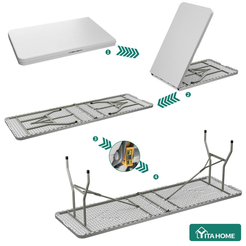 YITAHOME 8FT Folding Tables, Heavy Duty Folding Table with Carrying Handle, Plastic Fold up Table for Outdoor Camping Picnic Parties/Indoor Events, White