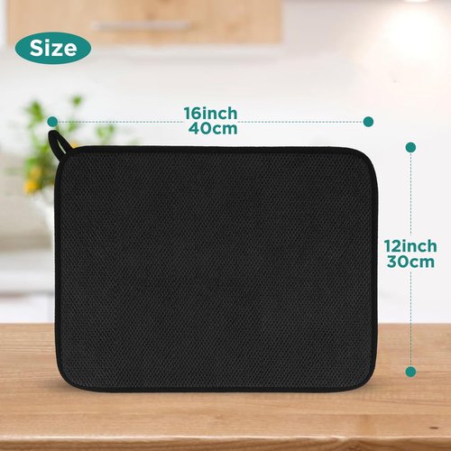 GeeRic Microfiber Dish Drying Mat - Super Absorbent Reversible Kitchen Pad | 12x16 Inch Black