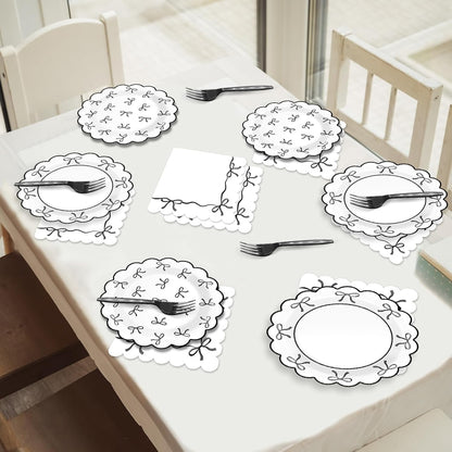 Skiennix 96-Piece Black & White Bow Party Decorations - Elegant Tableware for Birthdays & Showers, Serves 24