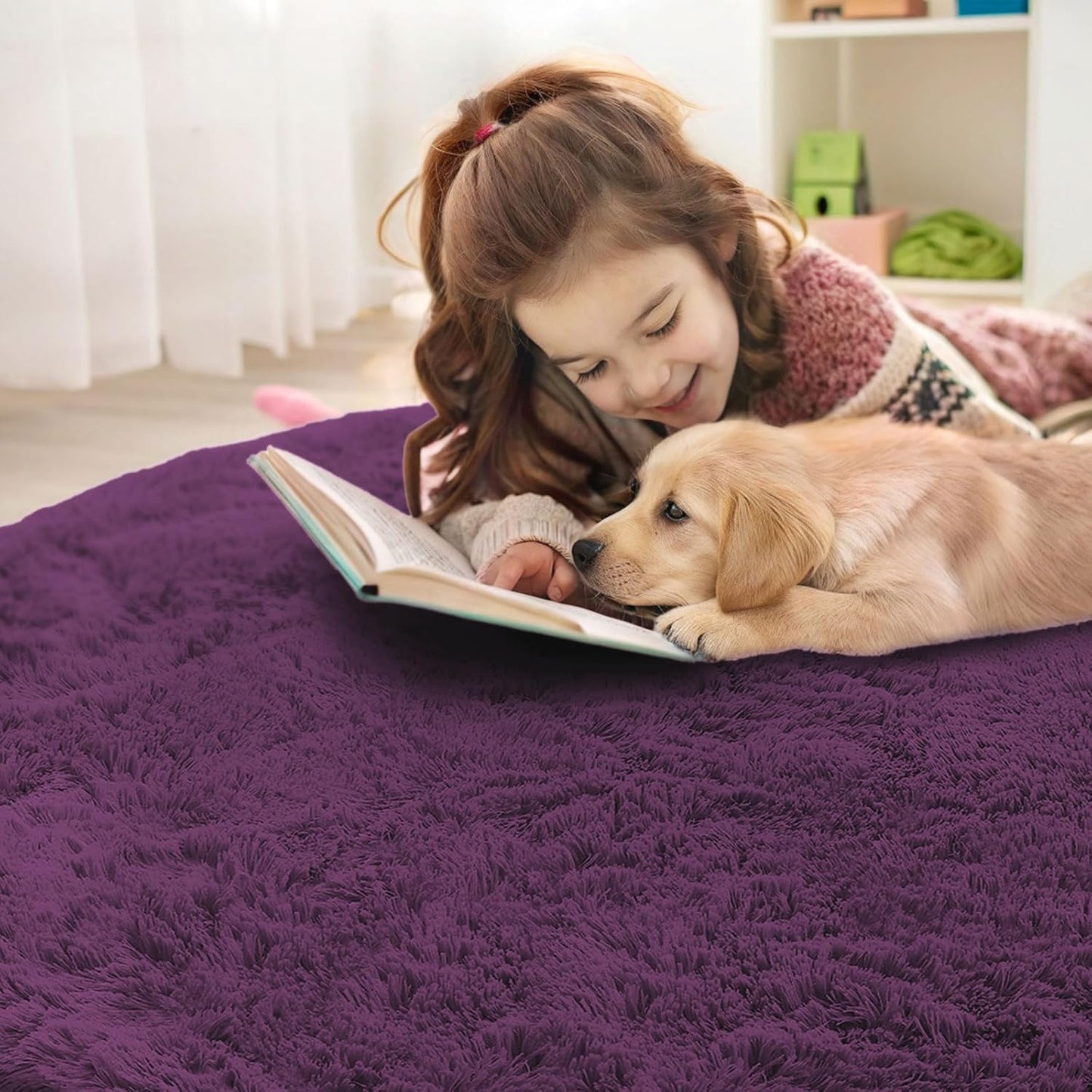OLANLY Round Dark Purple Area Rug - Soft, Fluffy, Machine Washable 7 ft Circle Carpet for Bedroom & Living Room