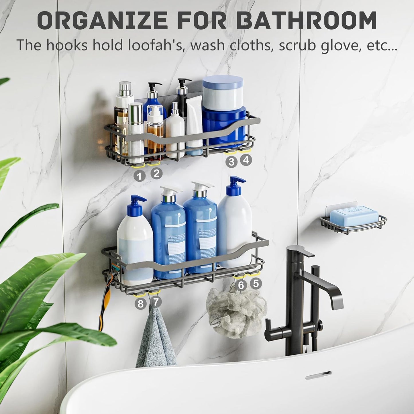 OMAIRA Shower Caddy - 3-Pack Adhesive Rustproof Organizer for Smooth Walls & Glass Tiles - Grey (X-Large)