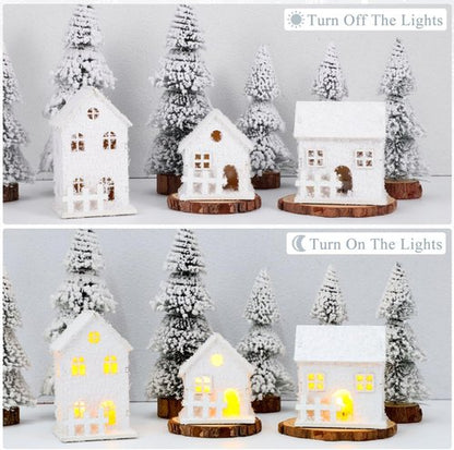 Garneck Christmas Village Set - 3Pcs LED Glowing Houses with Snowflakes | Winter Desktop Ornament