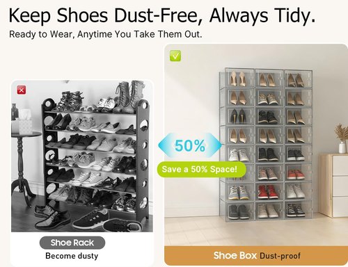 Kuject Shoe Storage Boxes - XX-Large Clear Plastic Organizers, Stackable 12-Pack for Closet & Under Bed, Grey