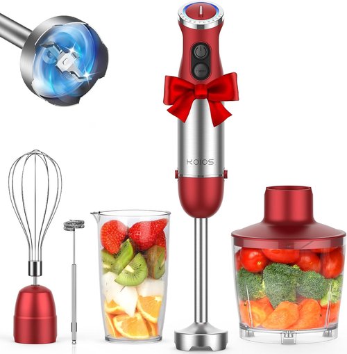 KOIOS 5-in-1 Hand Immersion Blender - 1000W, 12 Speed, Stainless Steel Blade, Red | Includes Mixing Beaker & Food Processor
