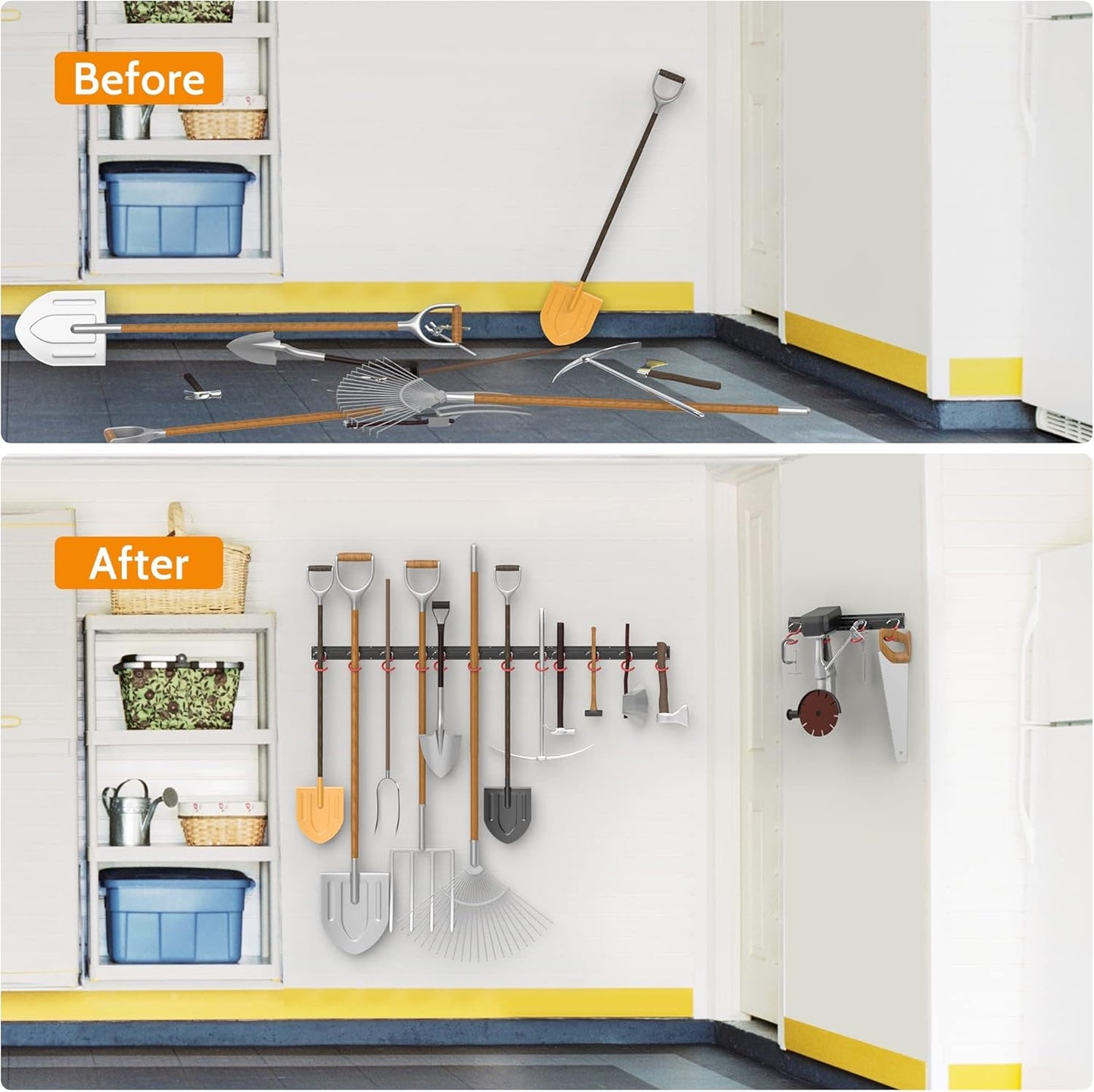 WALMANN 64-Inch All Metal Wall Mount Garden Tool Organizer - Durable Storage Rack with 4 Rails & 16 Hooks