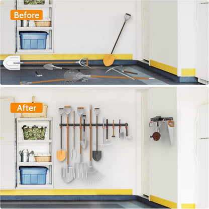 WALMANN 64-Inch All Metal Wall Mount Garden Tool Organizer - Durable Storage Rack with 4 Rails & 16 Hooks