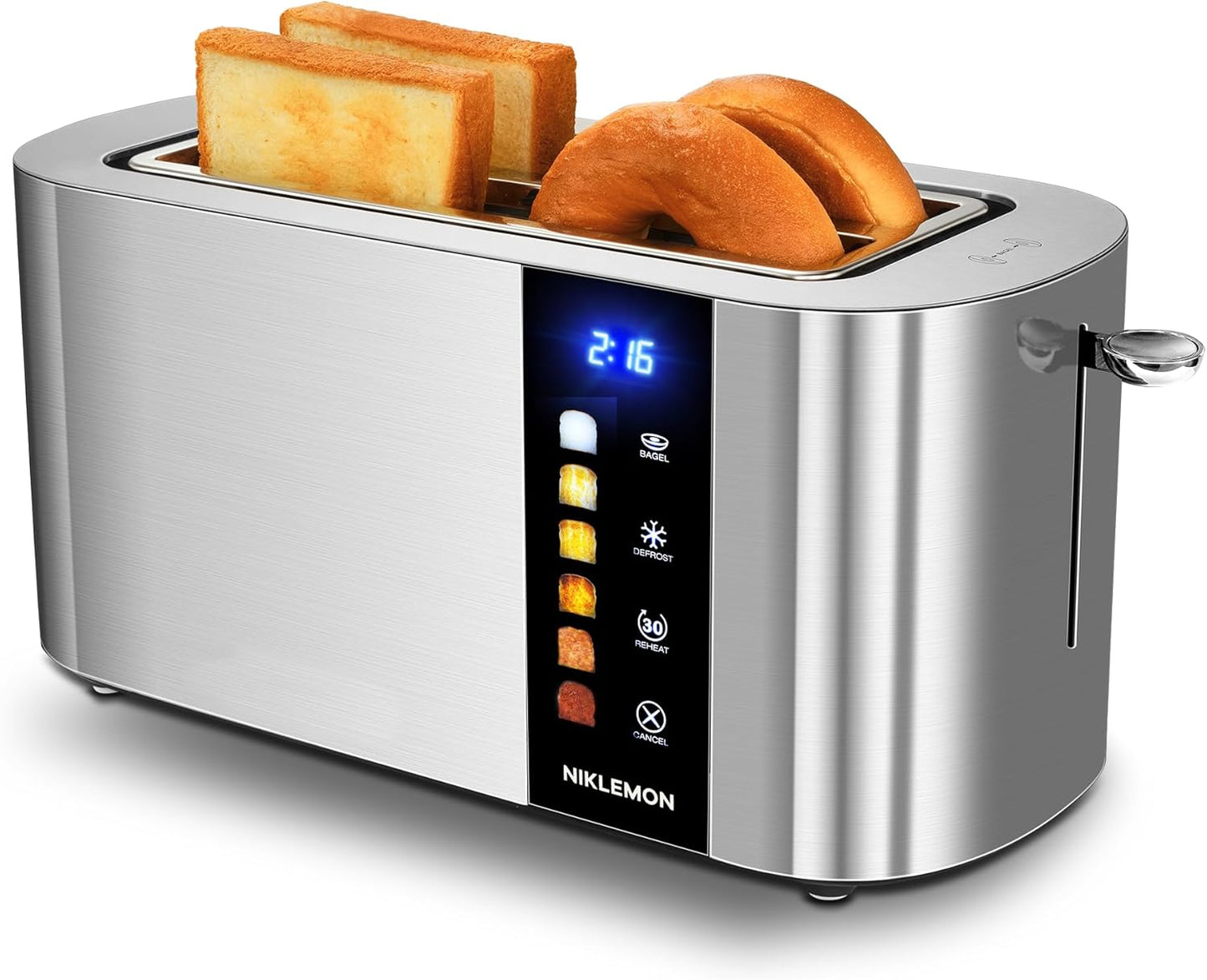 NIKLEMON Stainless Steel 4-Slice Toaster - LED Display, Extra Wide Slots, Touch Buttons, 1300W