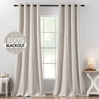 MIULEE 100% Blackout Linen Textured Curtains - Thermal Insulated Ivory Drapes | 52 x 132 Inch (2 Panels)