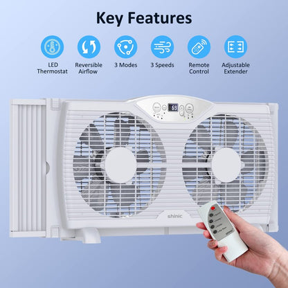 shinic Twin Window Fan, 9-Inch Blades Reversible Airflow, Thermostat Control, 3 Speeds, 23.8"-37" Expandable Width, Window Exchaust Fans for Home Bedroom, ETL Certified