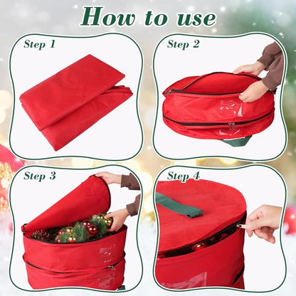 BlessedSeason Wreath Storage Container - Protect 2 Holiday Wreaths with Dual Zipper & Handles | 24” Red