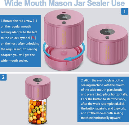 Skiennix Electric Mason Jar Vacuum Sealer Kit - Black & Pink for Fresh Food Storage