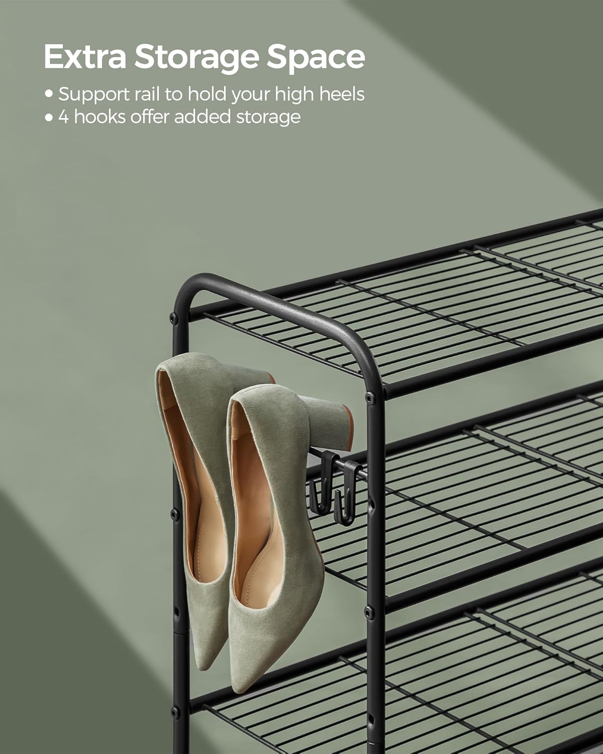 SONGMICS Shoe Rack - 2-Tier Metal Organizer with 4 Side Hooks | Holds 18 Pairs, Height-Adjustable, Ink Black