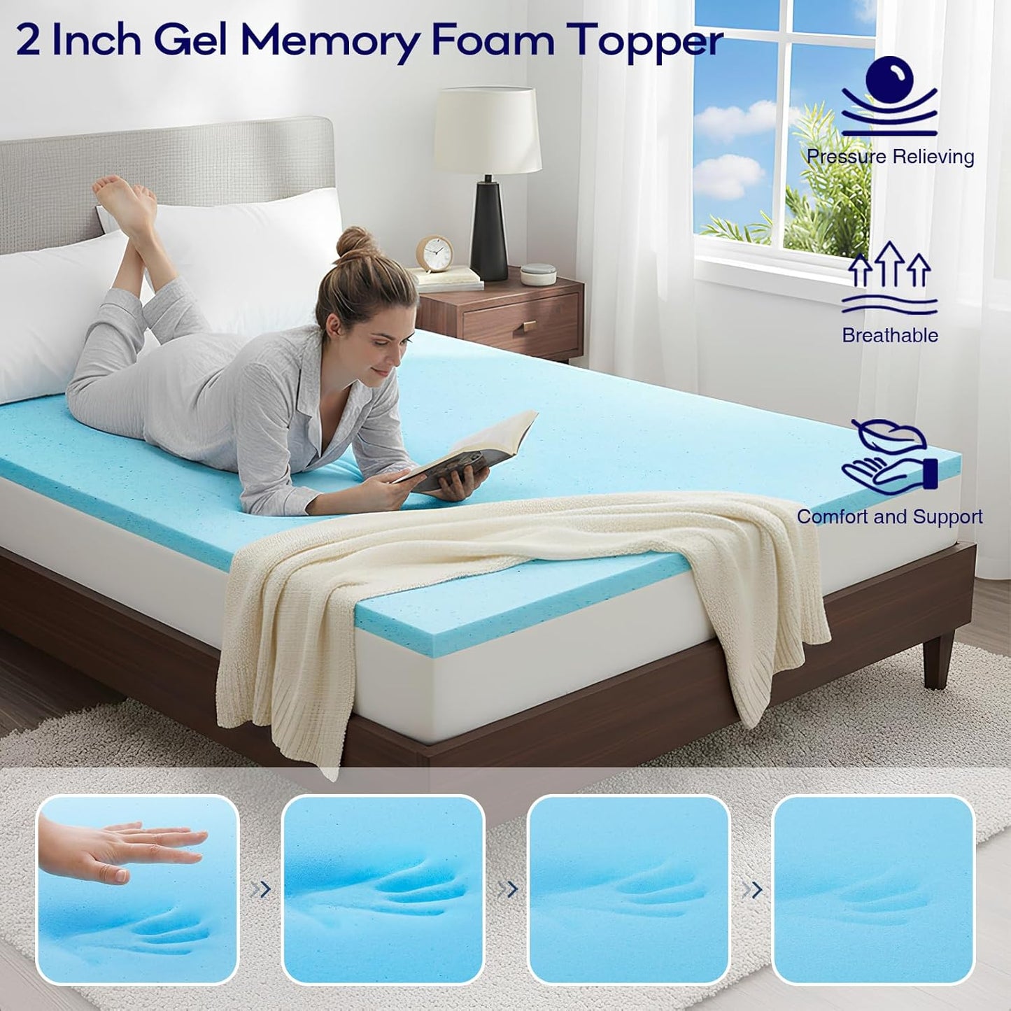 OLANLY Memory Foam Mattress Topper - 4 Inch Queen Size with Cooling Pillow Top & Gel Layer, White