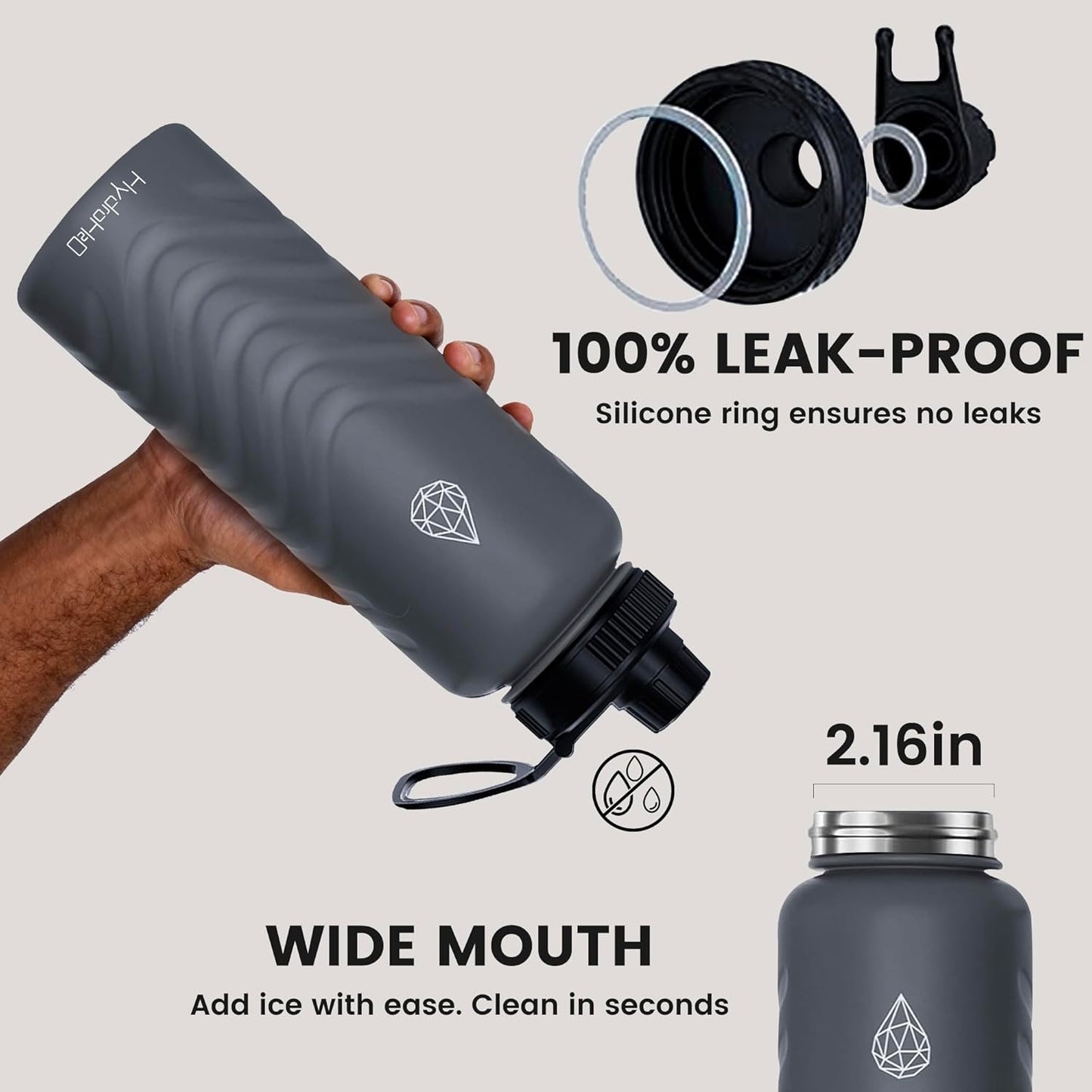 Skiennix 24oz Stainless Steel Insulated Water Bottle - 48H Cold & 24H Hot, Leak-Proof, BPA-Free | Grey