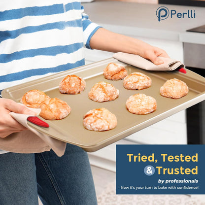 Perlli 10-Piece Nonstick Baking Set - Gold Steel Bakeware with Silicone Handles & Versatile Pans