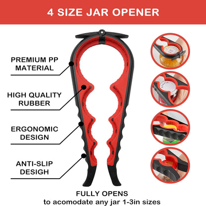 Skiennix Jar Opener - 5-in-1 Multi-Function Tool for Arthritis Relief | Non-Slip Grip & Corkscrew (Red)