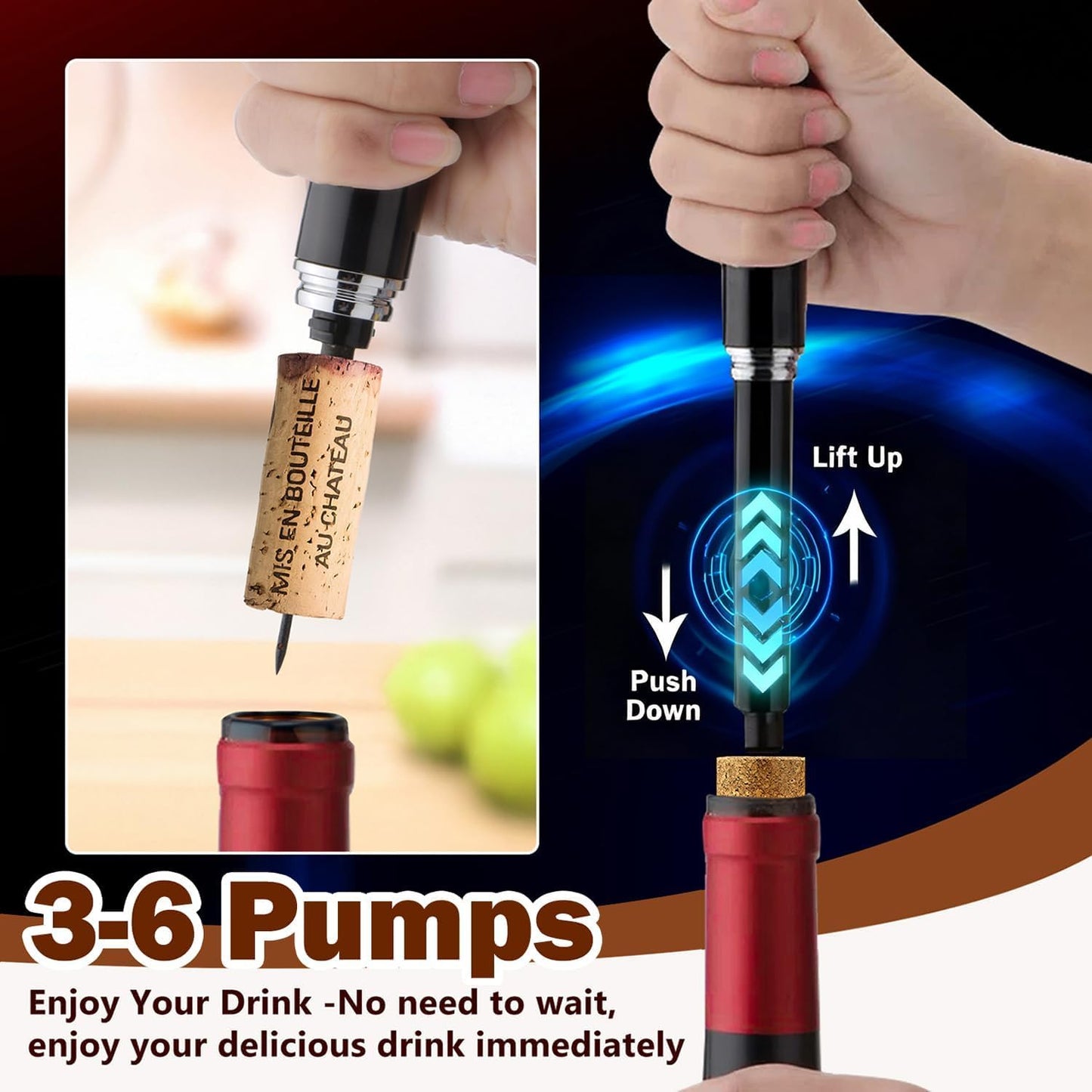 Wine Opener Manual with Foil Cutter Pack of 2 - NUCOKRS Aeropop Style Corkscrew Pen Shape Design 3 to 7 Air Pumps to Open (Black+Blue)