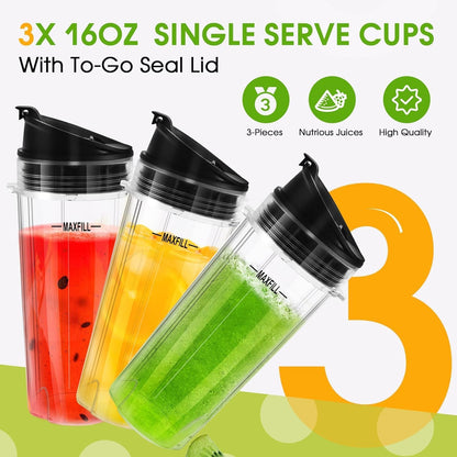 Ninja Blender Cups - 16oz Replacement Cups with Lids | 3-Pack Compatible with Ninja QB3001SS, BL770, BL780, BL660, BL740, BL810