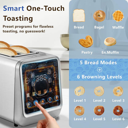 SAKAMOSH 4-Slice Smart Toaster - Touch Screen, 6 Browning Levels, Extra Wide Slots, Stainless Steel