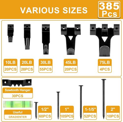 KURUI Picture Hanging Kit - 385Pcs Heavy Duty Hooks, Sawtooth & Nails for Frames | Black