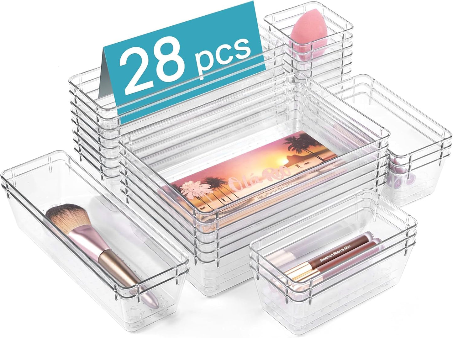 Vtopmart 28-Piece Clear Plastic Drawer Organizer Set - Versatile Acrylic Storage Bins for Bathroom, Makeup & Kitchen