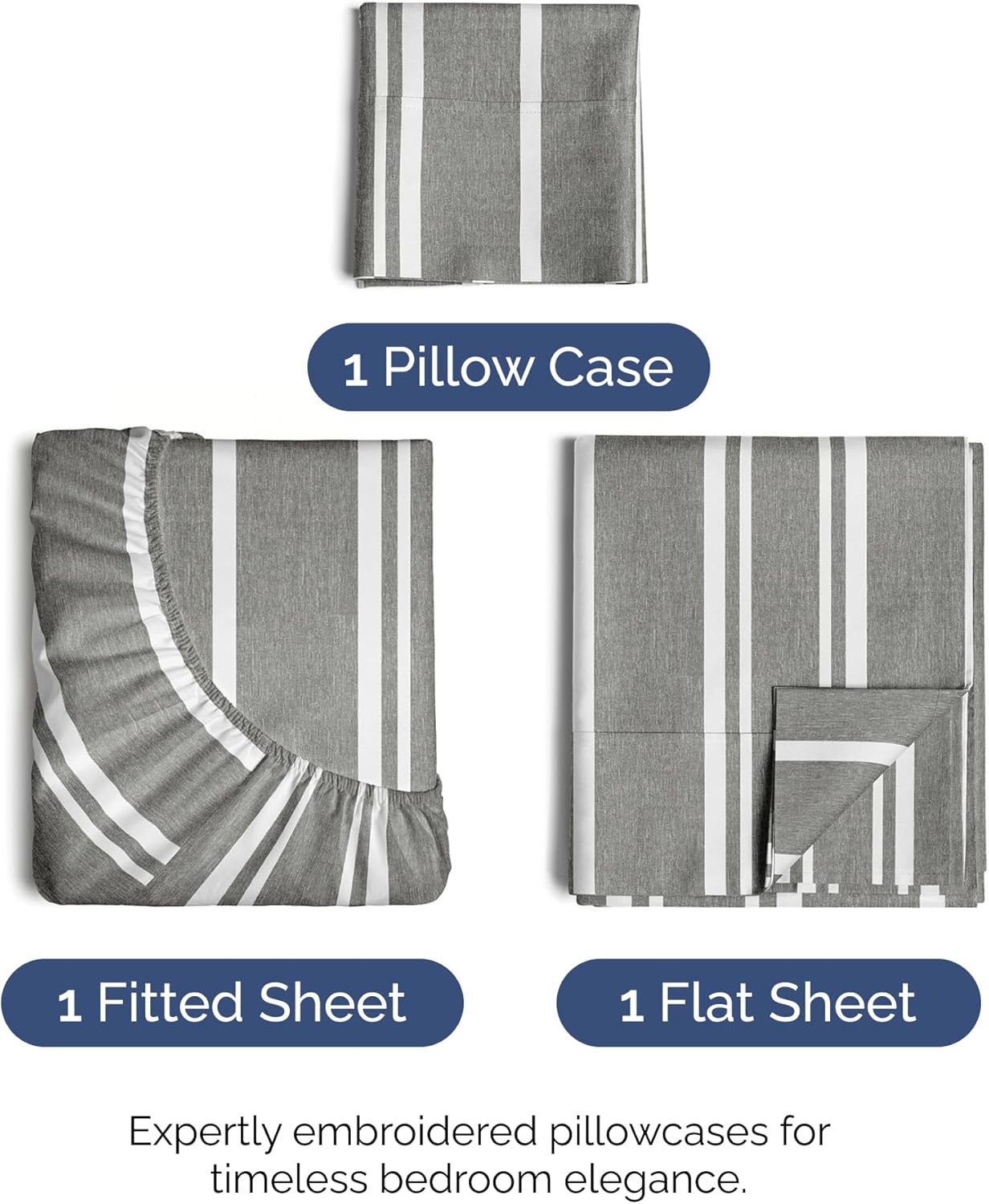 Skiennix Twin Size Sheet Set - Comfy Cooling Bed Sheets - Luxury Hotel Quality - Deep Pockets, Grey Stripes