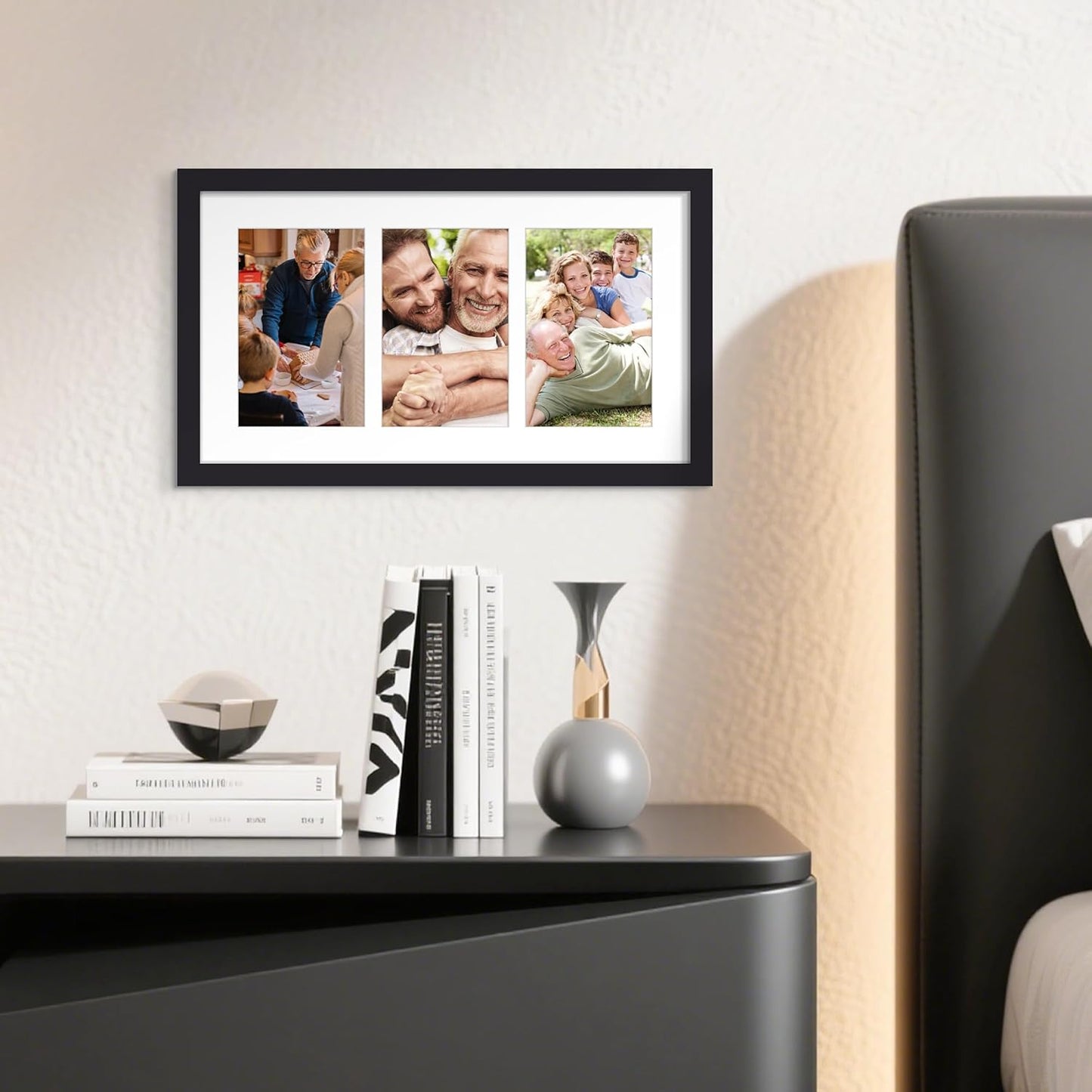 Upsimples 8x14 Collage Picture Frame - Display 3 Photos (4x6) with or Without Mat, Black Wall Decor