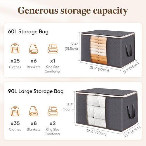 Lifewit 60L Clothes Storage Bins - 4 Pack Foldable Bags with Lids, Zippers & Clear Window