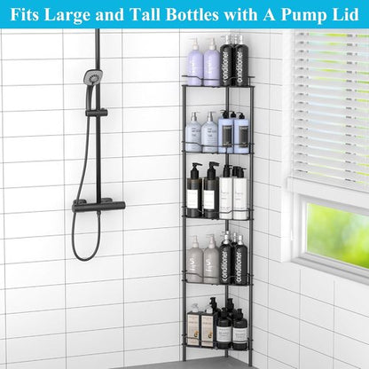 HuggieGems 5-Tier Corner Shower Caddy Organizer - Stylish Black Bathroom Shelf with Hooks