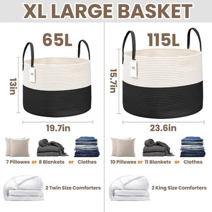 JMvicyroam Extra Large Blanket Basket - Woven Cotton Rope Laundry Hamper with Reinforced Handles | White & Black