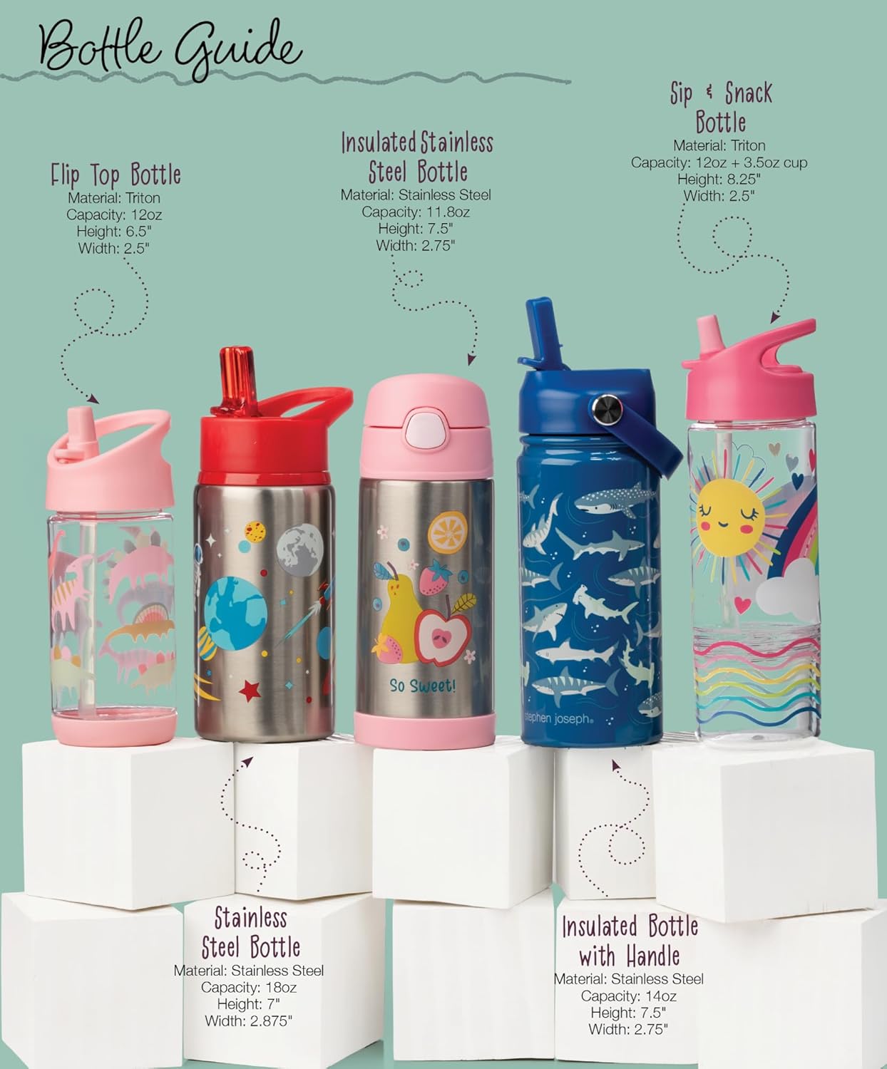 Stephen Joseph Insulated Water Bottle - Double Wall Stainless Steel, BPA-Free, 11.8 Ounces, Dino Design