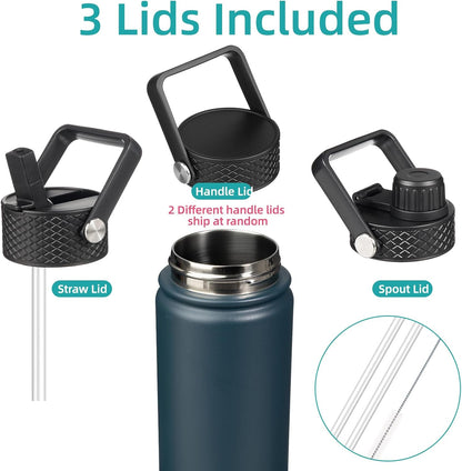 Skiennix 18 oz Insulated Stainless Steel Water Bottle - Durable Sport Bottle with 3 Lids | Navy Blue