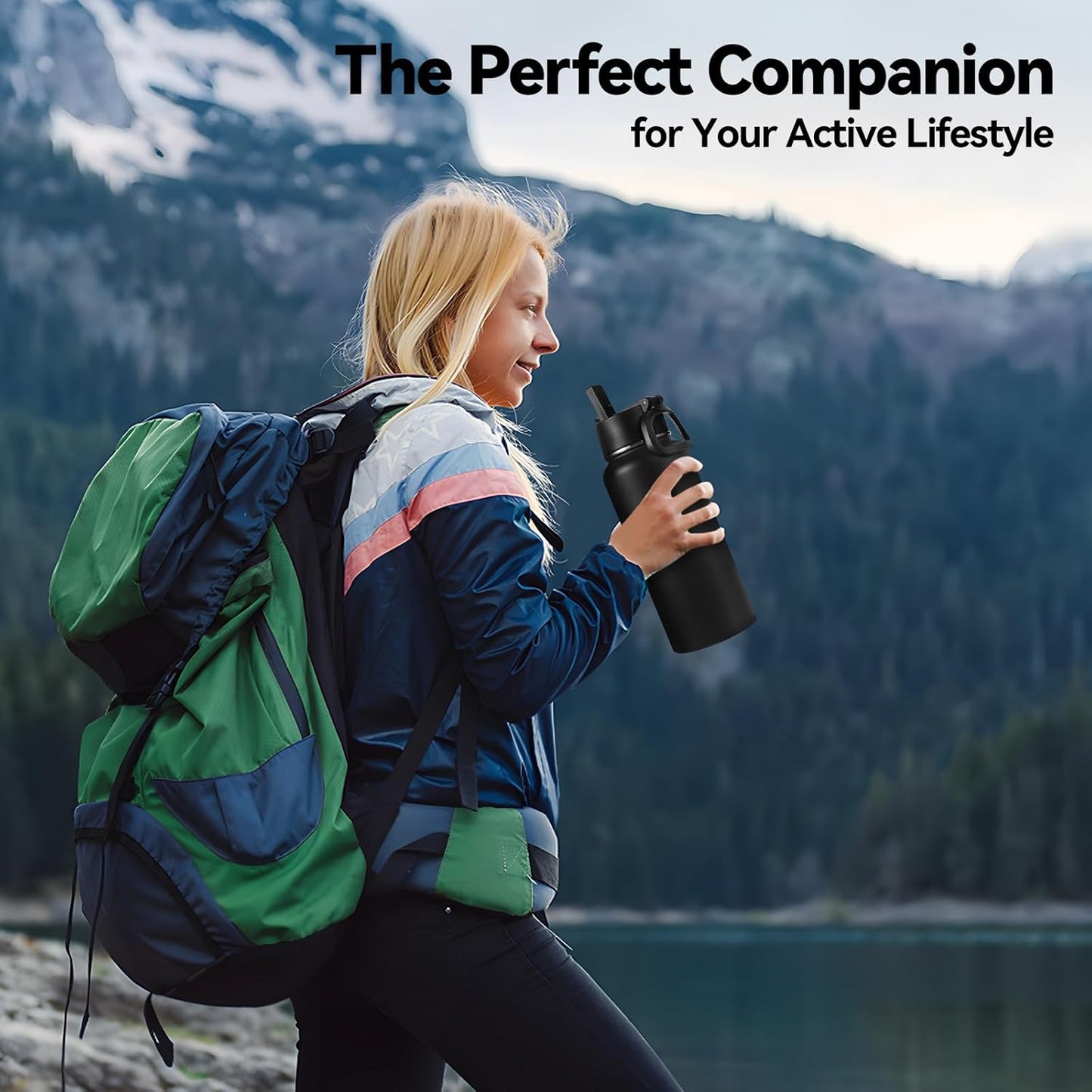Neihepal Insulated Water Bottle - 32 oz Double Wall Stainless Steel with Straw & Spout Lids | Black