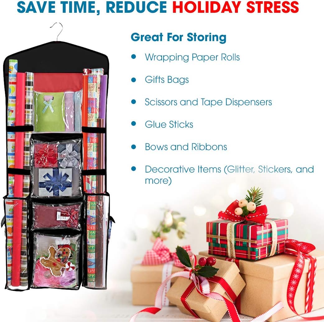 ProPik Wrapping Paper Storage Organizer - Double-Sided with Multiple Pockets | 40" x 17" Clear PVC Bag (Black)
