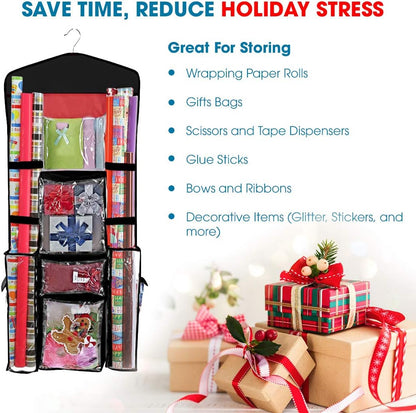 ProPik Wrapping Paper Storage Organizer - Double-Sided with Multiple Pockets | 40" x 17" Clear PVC Bag (Black)