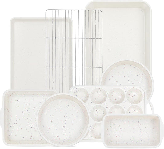 Skiennix Silicone Baking Pans Set - 8 Pcs Nonstick Bakeware with Metal Reinforced Frame | Cream Color
