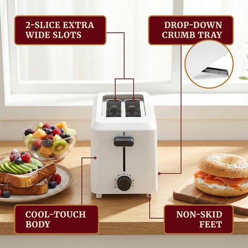 Elite Gourmet Cool Touch Toaster - 7 Toast Settings, Slide-Out Crumb Tray, Extra Wide 1.5" Slots | White