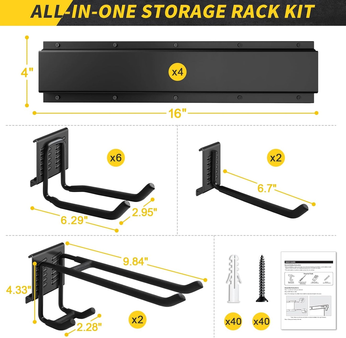 UUP Garage Storage - 64 Inches Wall Mount Tool Organizer with Adjustable Metal Hooks | Heavy-Duty Yard Shed Rack