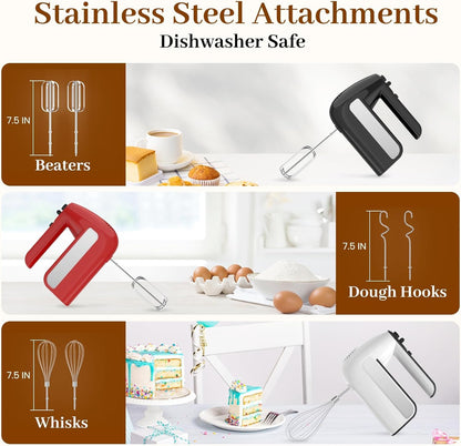 Skiennix 5-Speed Electric Hand Mixer - 800W Handheld Mixer with Turbo & 6 Attachments | Red