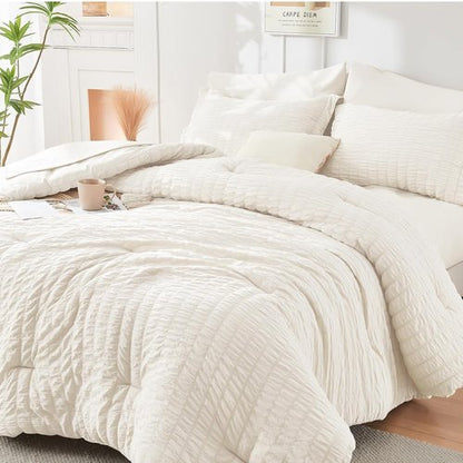 HYMOKEGE King Size Comforter Set - Luxury 7-Piece Ivory Seersucker Bedding for All Seasons | Includes Comforters, Sheets & Pillowcases