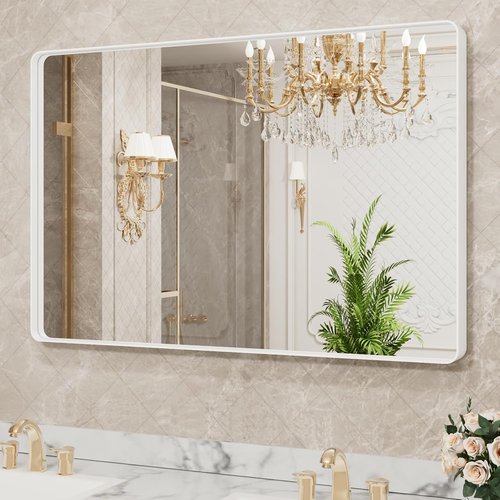 LOAAO Bathroom Mirror - 40x30 Inch White Metal Framed Large Rounded Rectangle | Anti-Rust Tempered Glass