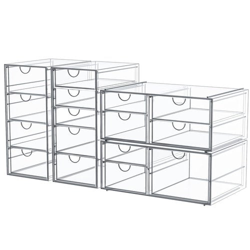 caktraie Makeup Organizer Storage with 16 Drawers, 4 Pcs Desktop Office Supplies, Desk Organizers, Clear Accessories, Dustproof Storage Drawer and for Make Up, Jewelry, Pen, Stationary