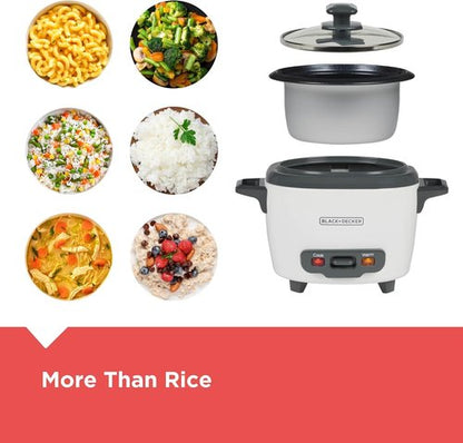 BLACK+DECKER 3-Cup Rice Cooker - One-Touch Operation, Removable Non-Stick Bowl, White Finish